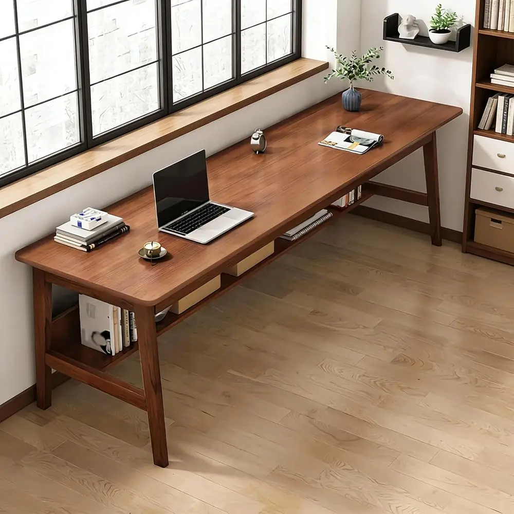 Walnut 2-Person Solid Wood Desk for Home Office, Century Modern Computer Workstation, Study Table