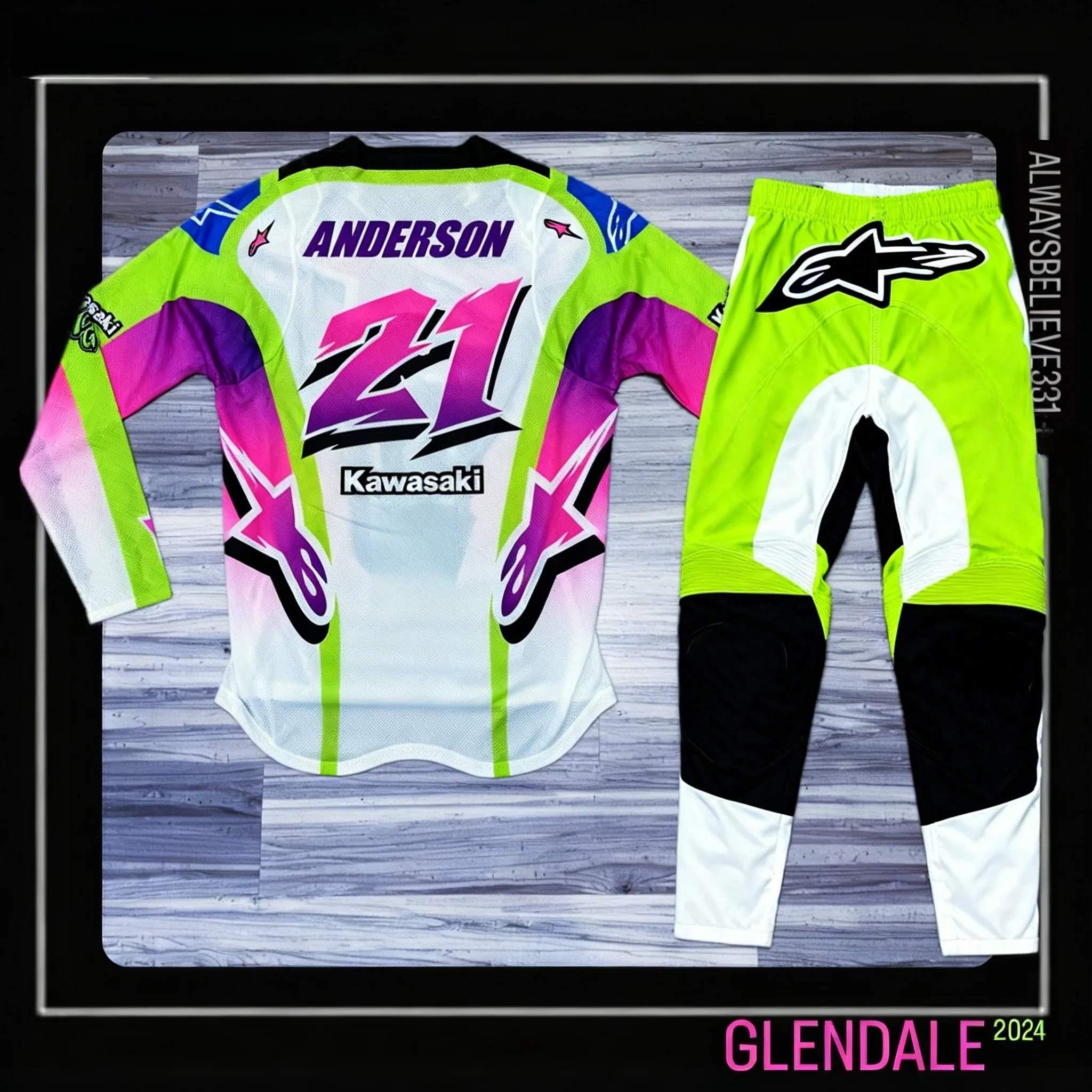 Kawasaki Men's Breathable Off-Road Motorcycle Long Sleeve T-Shirt And Pants #21 Anderson Outdoor Mountain Bike Sportswear