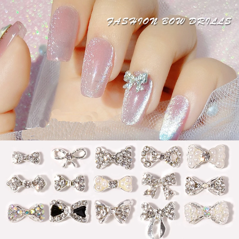 10 sztuk/torba brokatowe srebrne łuk Nail Art urok 3D kryształ szklany kamień Pearl Bowknots biżuteria do paznokci DIY żel UV akcesoria do Manicure