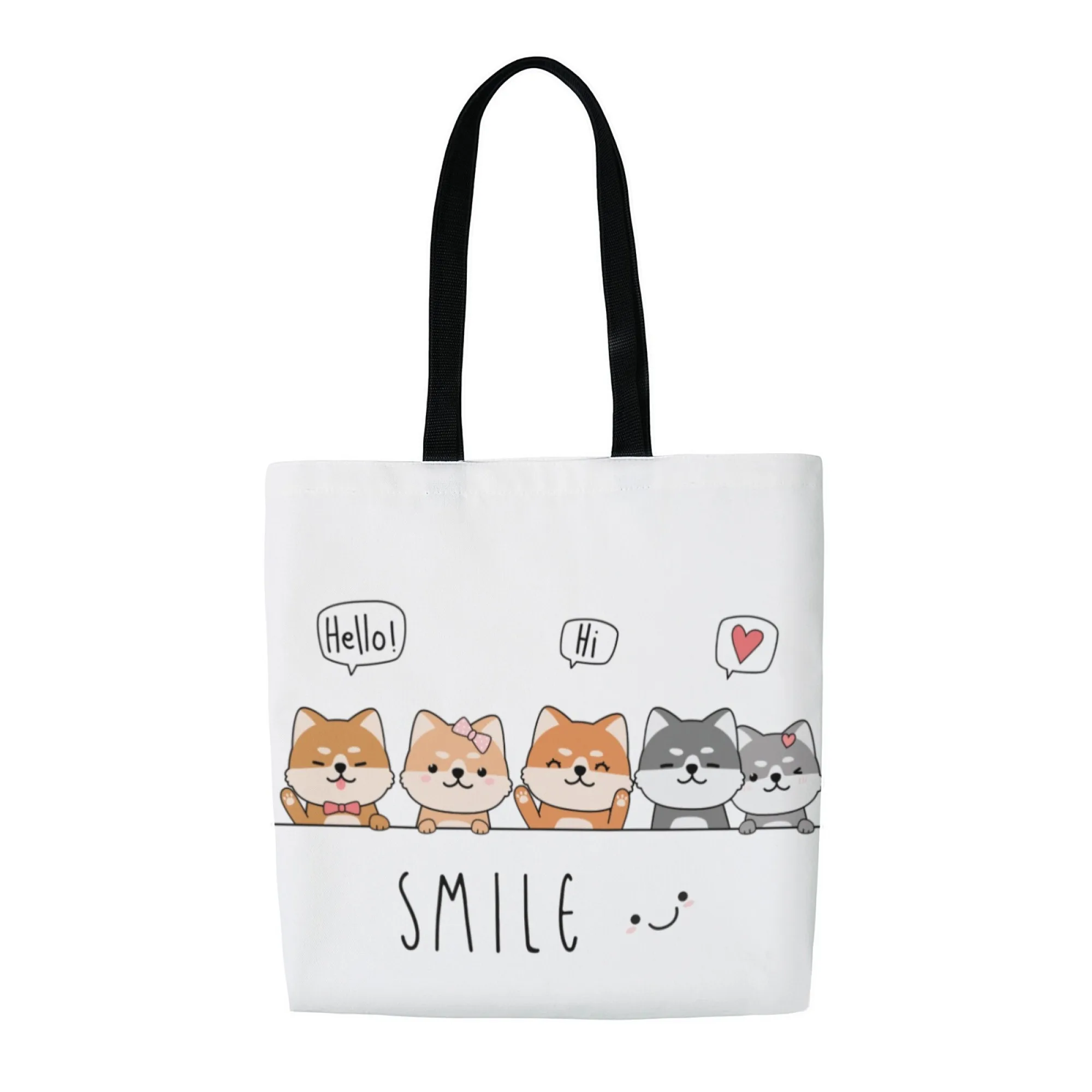 

White "SMILE" Shiba Inu Canvas Tote Bag Kawaii Dog Shoulder Bag for Women Shopping Bag Ideal for Daily Use Dog Lovers & Casual