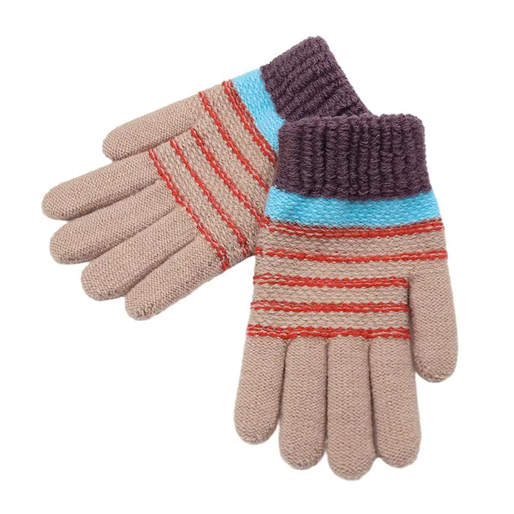 1 Pair Winter Gloves Writing Gloves Knitted Soft Thick Plush Elastic Striped Color Matching Five Fingers Anti-slip Kids Gloves