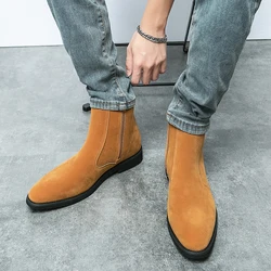 New Luxury Brand Chelsea Men Leather Boots European and American Style High Top Shoes Fashion Trends Suede Leather Cowboy Boots