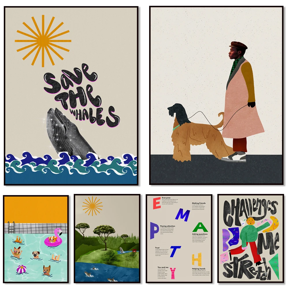 Art océanique, art baleine, trotteur de chien, illustration de chien dans la piscine, affiche d'empathy, affiche d'affirmation positive pour enfants,