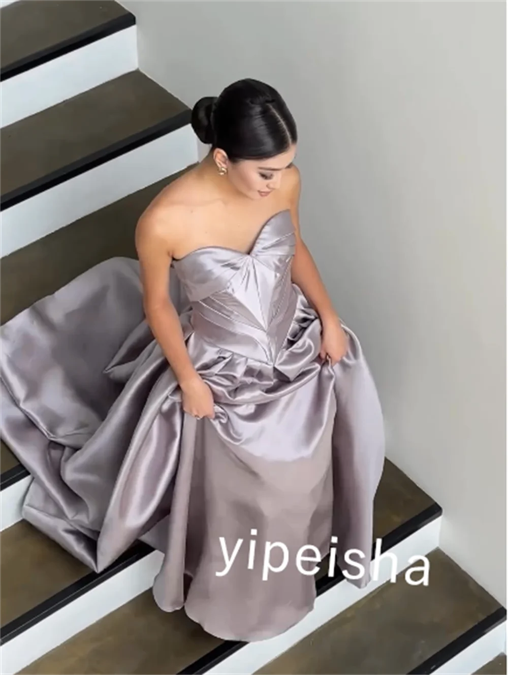 Customized Satin Ribbon Evening A-line Strapless Bespoke Occasion Gown Long Dresses