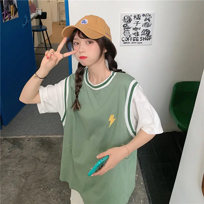 EBAIHUI Basketball Suit Women Loose BF Style Korean Summer Ladies T-shirt New Medium Long Short Sleeve Fake Two Piece O Neck Tee