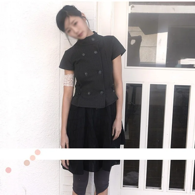 Women's Short Sleeve Cropped Jacket with Stand Collar, Double Breasted Buttons, and Decorative Accents. Slim Fitted, Black Casua