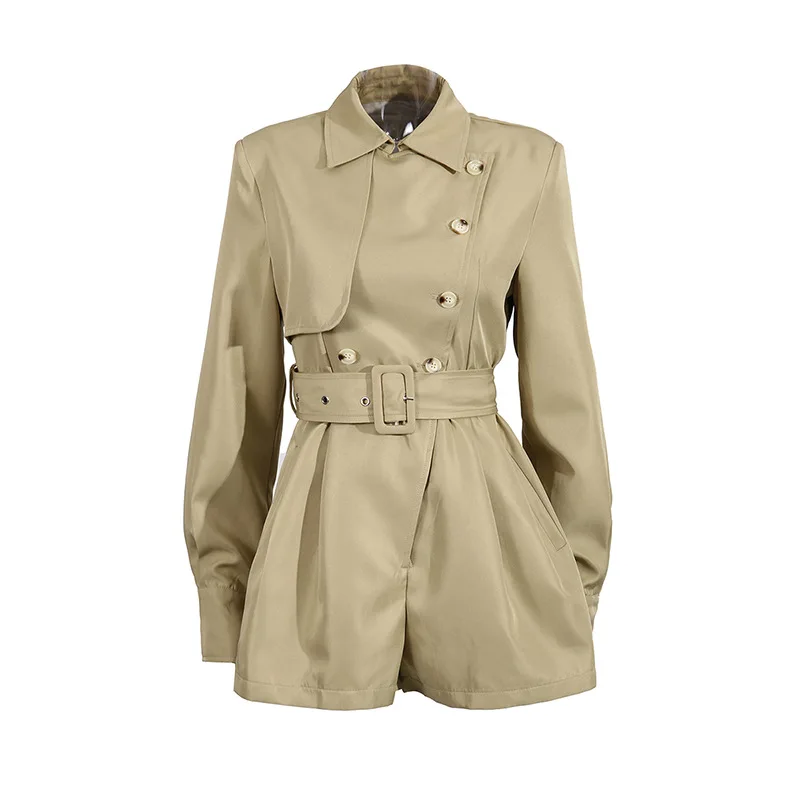 

Элегантный комбинезон с лацканами во французском темпераменте, осенний новый комбинезон с талией, высококачественный однотонный комбинезон, женское пальто высокого уровня внешнего вида