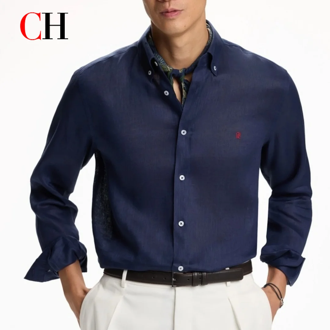 

CH Letter Embroidered Solid Color Linen Long Sleeve Shirt Men Point Collar Regular Fit Minimalist Chic Casual Tops
