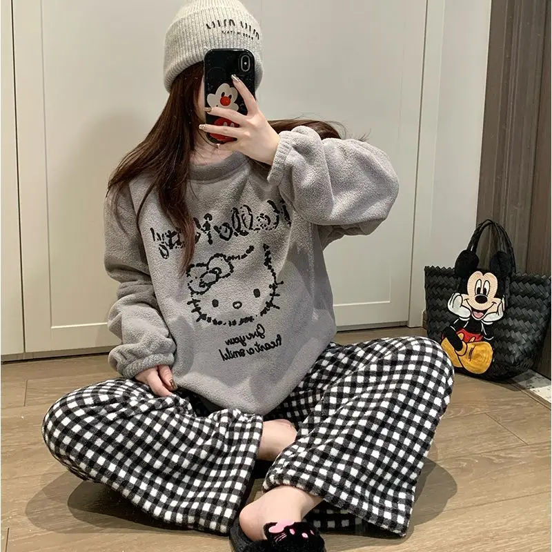 Cartoon Hello Kittys carino caldo corallo velluto pigiama da donna inverno addensato studente indumenti da notte Anime Sanrioed peluche loungewear
