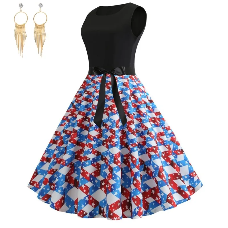 USA Flag Print 1950s Audrey Hepburn Patchwork Dress with earring Women Summer Fashion Party Evening Dresses Streetwear Plus Size