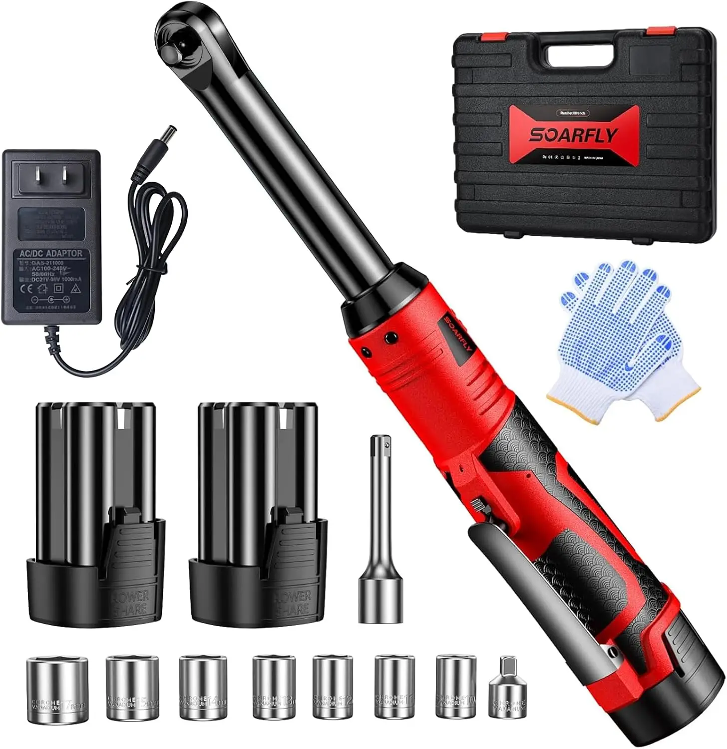 

3/8" Cordless Ratchet Wrench Set, 40 Ft-lbs, 450 RPM, 16.8V with 2 Batteries, 7 Sockets, LED Light