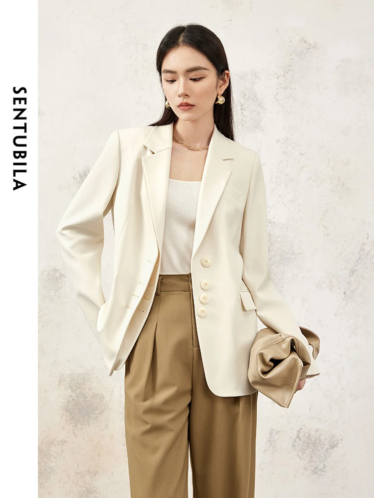 

SENTUBILA Apricot Notched Blazer Woman Loose Suit Jacket 2024 Spring Autumn Solid Elegant Comfort Long Sleeve Coat 141X53421