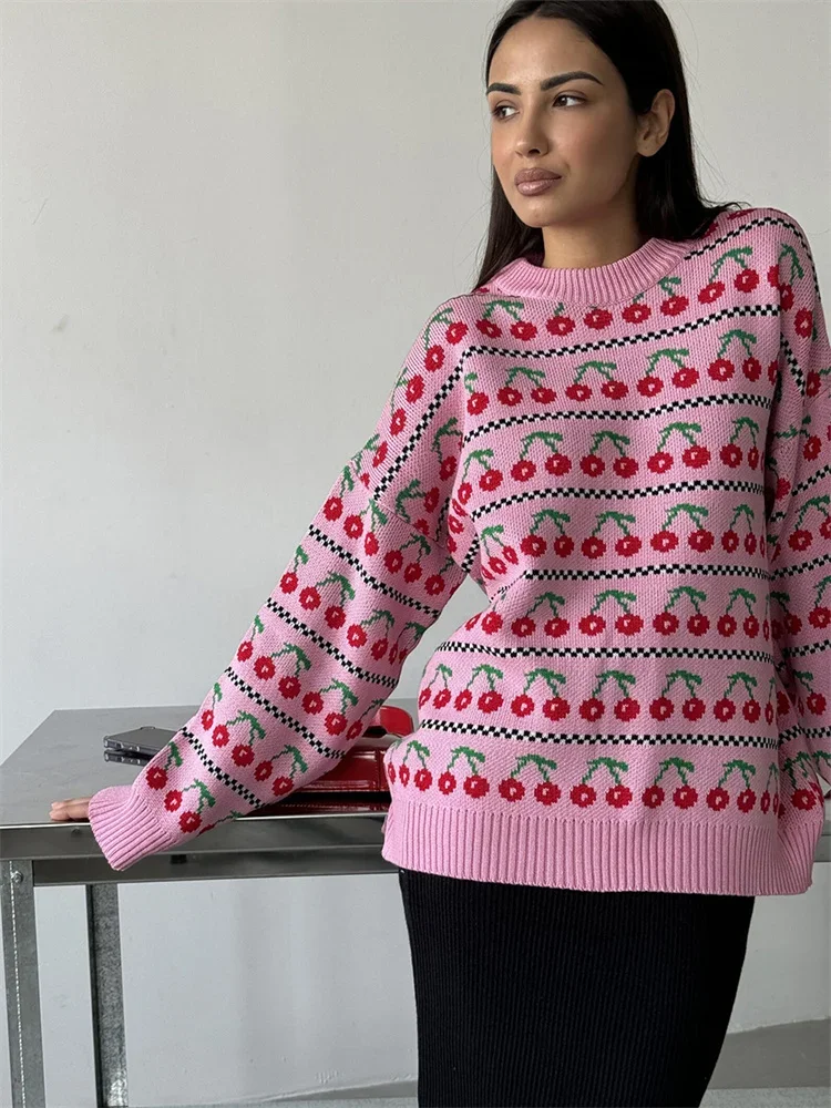 Printed Knit Sweater Pullover For Women Loose Patchwork Contrast Long Sleeve Vintage Fashion Top Knitwear Women's Pullover