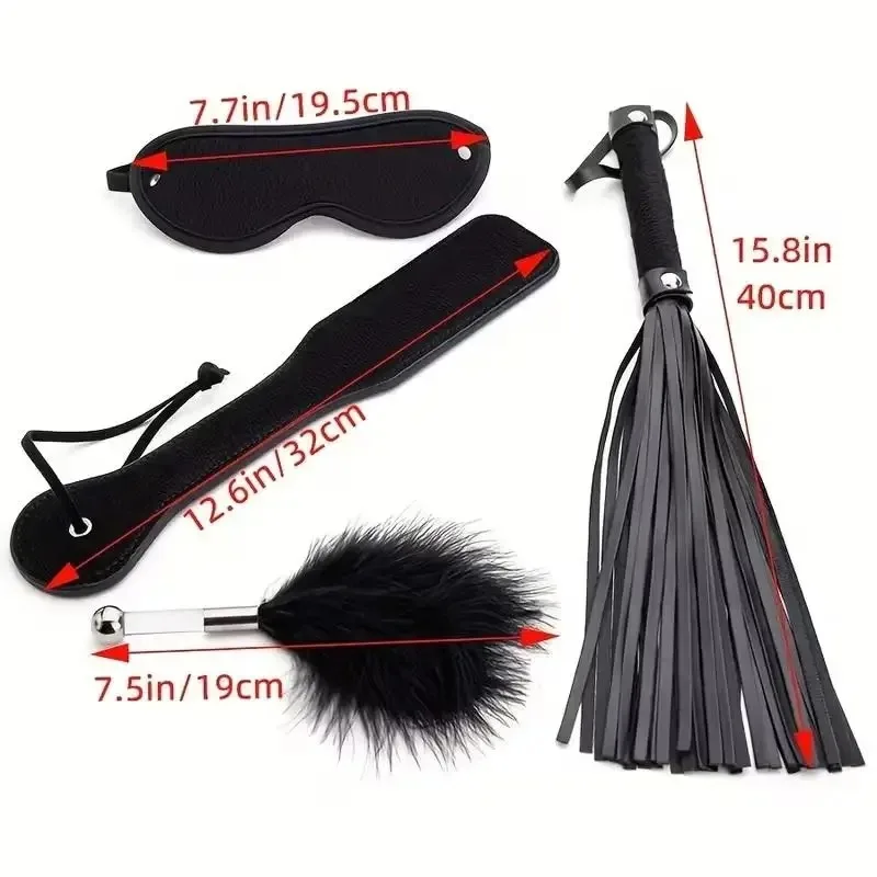 4Pcs BDSM Bondage Kit with PU Leather Spanking Paddle Whip Feather Duster And Eye Mask for Adult Couples Erotic Role-Play Toy view 3