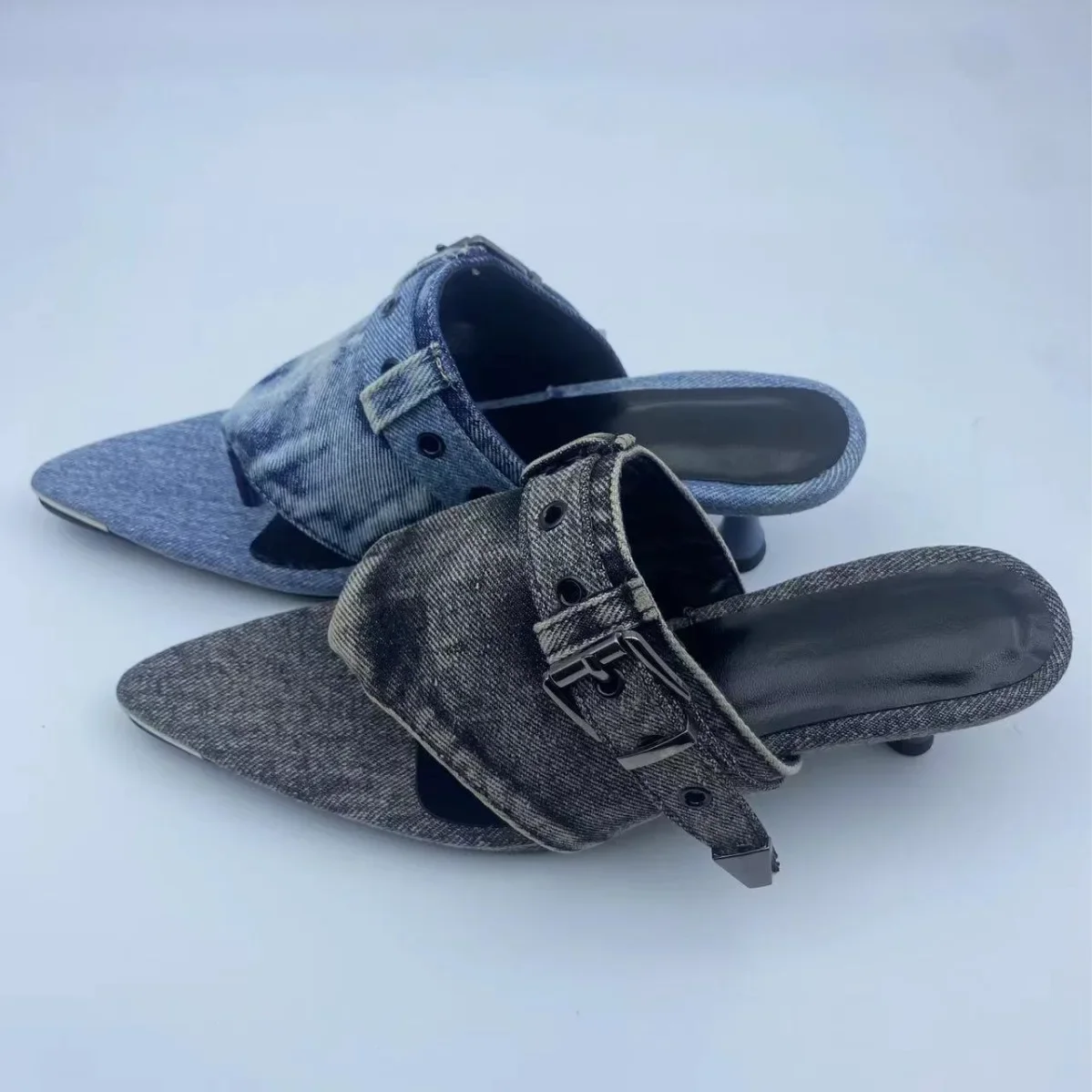 

Denim Material Flip-Flops Low-Heeled Pointed Belt Buckle Sandals Open-Toe Women Shoes Sandalias Mujer Verano