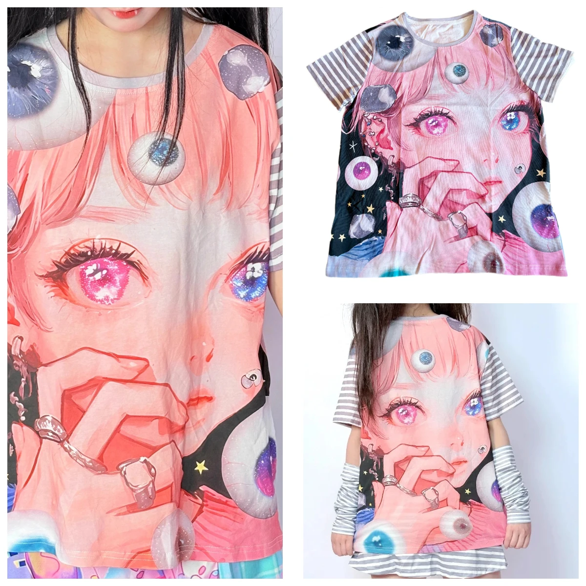 Bamine Eyeball Girl Stripe T-Shirt Adult and Kids T-Shirt Cartoon 3D Full Print Harajuku Y2K Millennium Style Short Sleeve