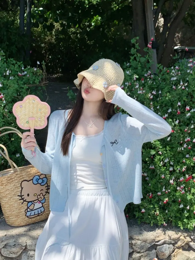 

Женский кардиган из ледяного шелка, легкий вязаный топ с защитой от УФ-излучения, повседневный свободный крой, V-образный вырез, длинные рукава, дизайн с узлом