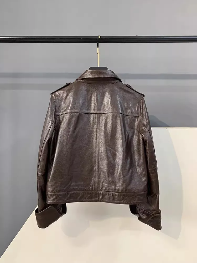 Veste d'automne rétro en cuir véritable pour femme, simple boutonnage, cire d'huile, peau de mouton, Punk, manteau court, Streetwear, veste de moto décontractée