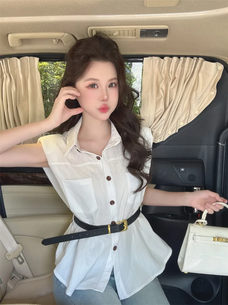 

Женская повседневная хлопково-льняная рубашка без рукавов с завышенной талией, приталенная, летняя, в корейском стиле, для отдыха и повседневной носки