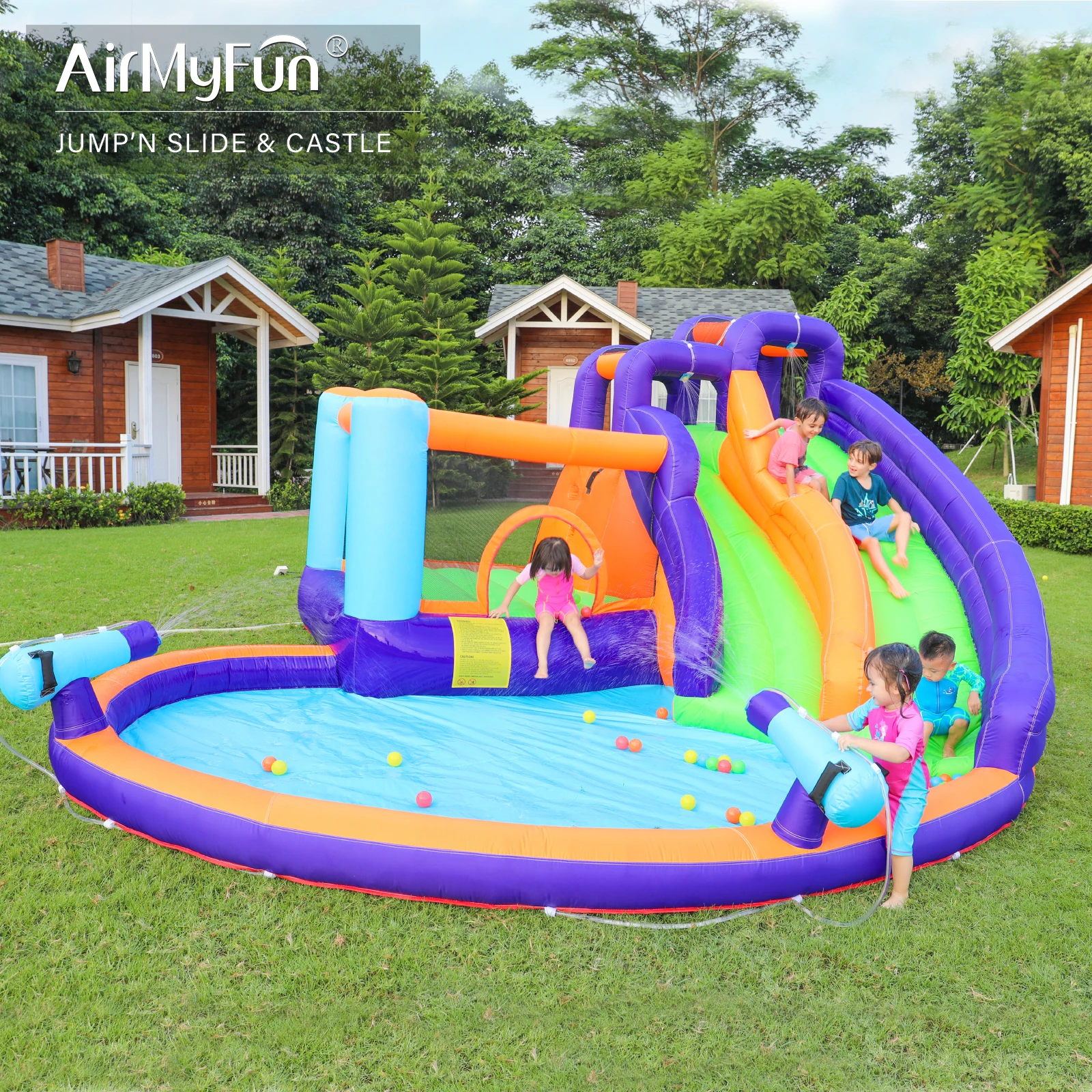 AirMyFun Inflatable Water Slide Park Bounce House for Kids Fun Bounce Area with Long Slide Water Gun Splash Pool and Ball Pool