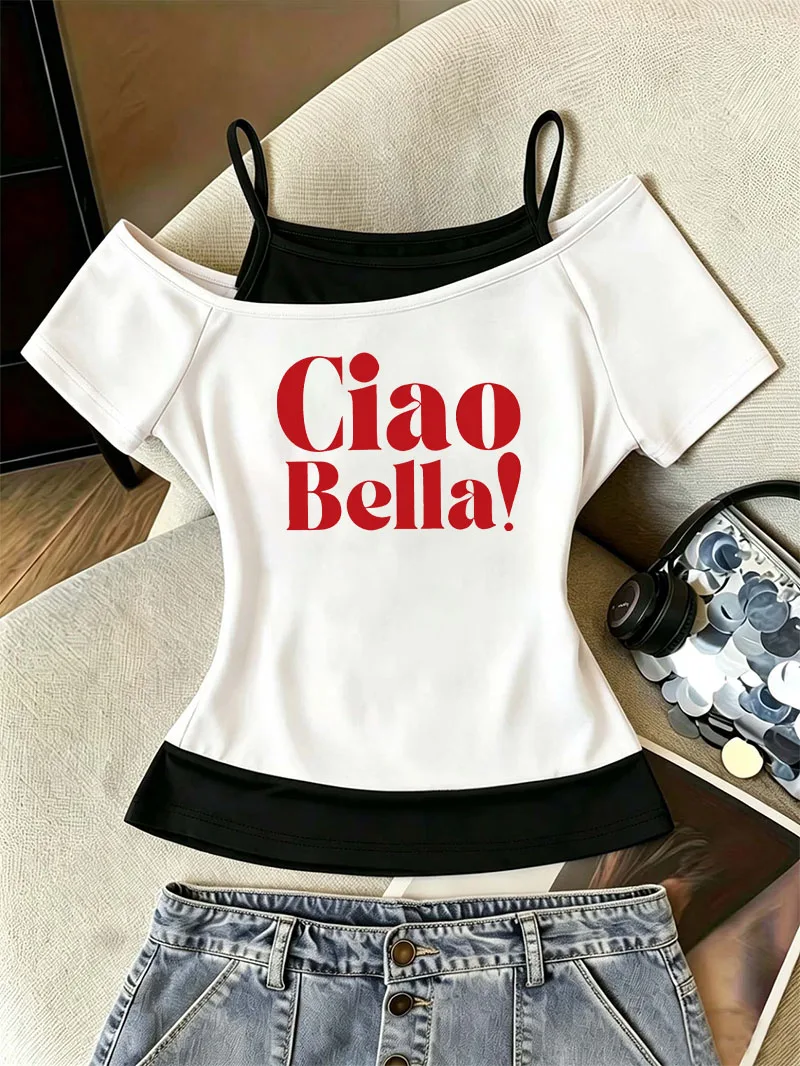 90s Ciao Bella Letter T Shirt Women Fashion T-Shirt Off-Shoulder Graphic 2000s Graphic Chic Girls T Shirt Y2k Tops Tee