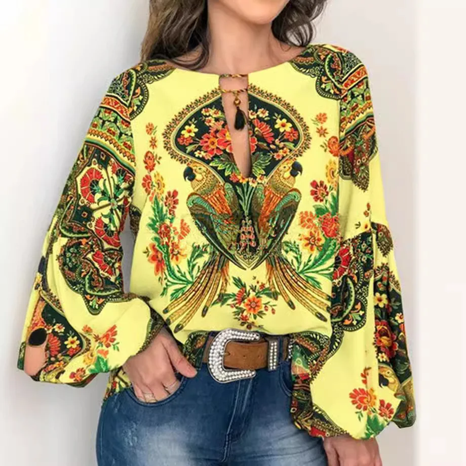 2025 Spring and Summer New Women's Personalized Women's Clothing Digital Printed Round Neck Lantern Sleeve Shirt