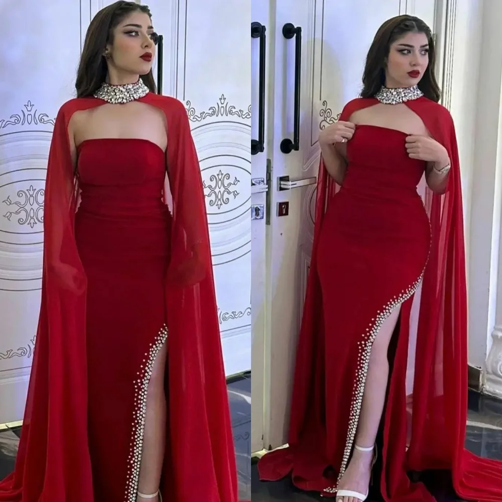 Vestido de noche de sirena con cuello alto brillante, diamantes de imitación, gasa, personalizado