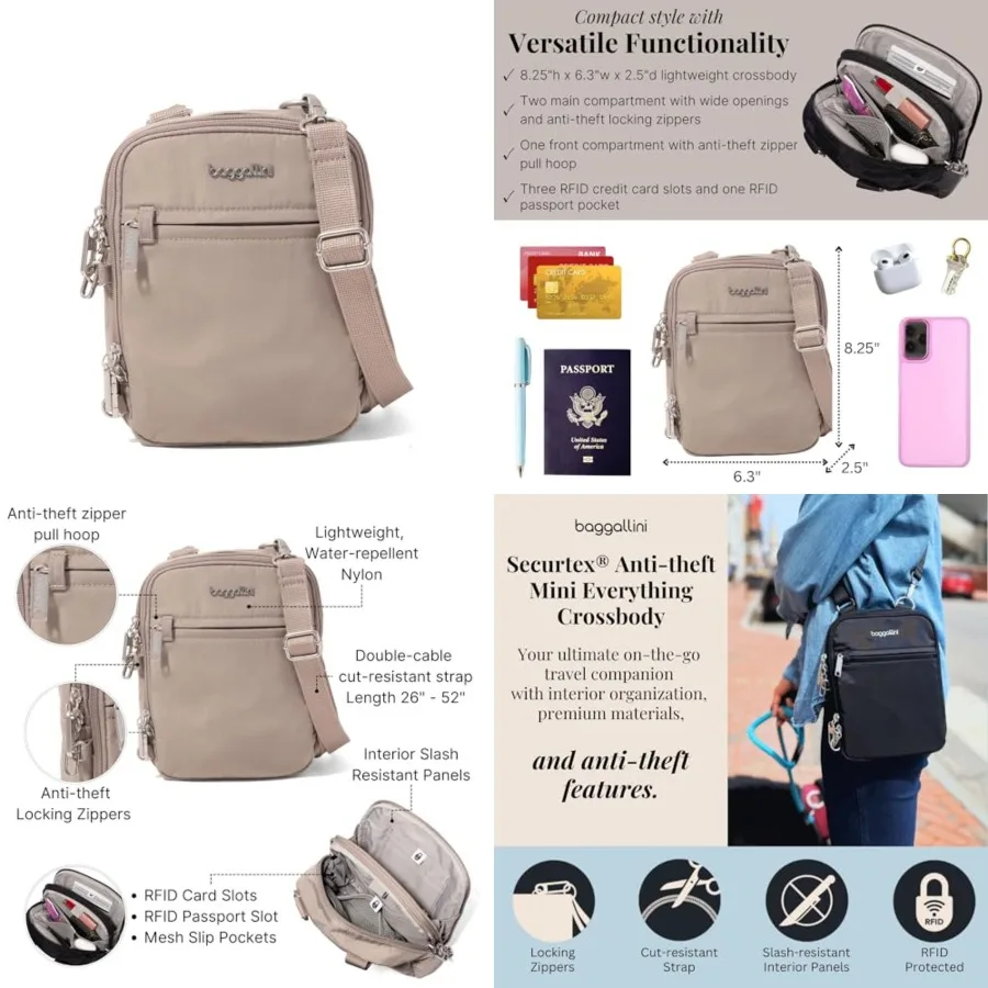 

Securtex® Anti-theft Mini Everything Crossbody Bag, 6.3"x8.25" Rfid, Locking Zippers and Cut-resistant Strap
