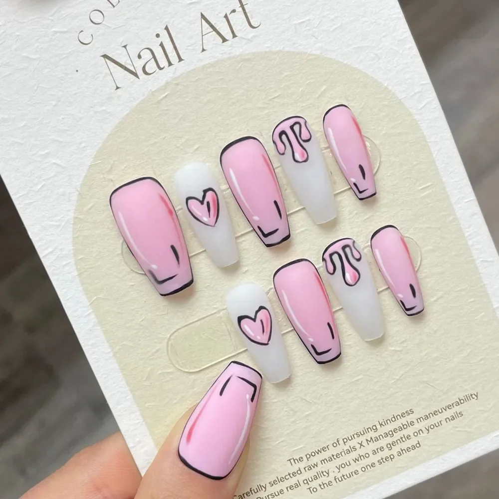 Handgemaakte Korte Catoon Kunstnagels Druk Op Met Ontwerp Japanse Nep Nagels Met Lijm Kunstmatige Stick-On Nail Tip nail Art