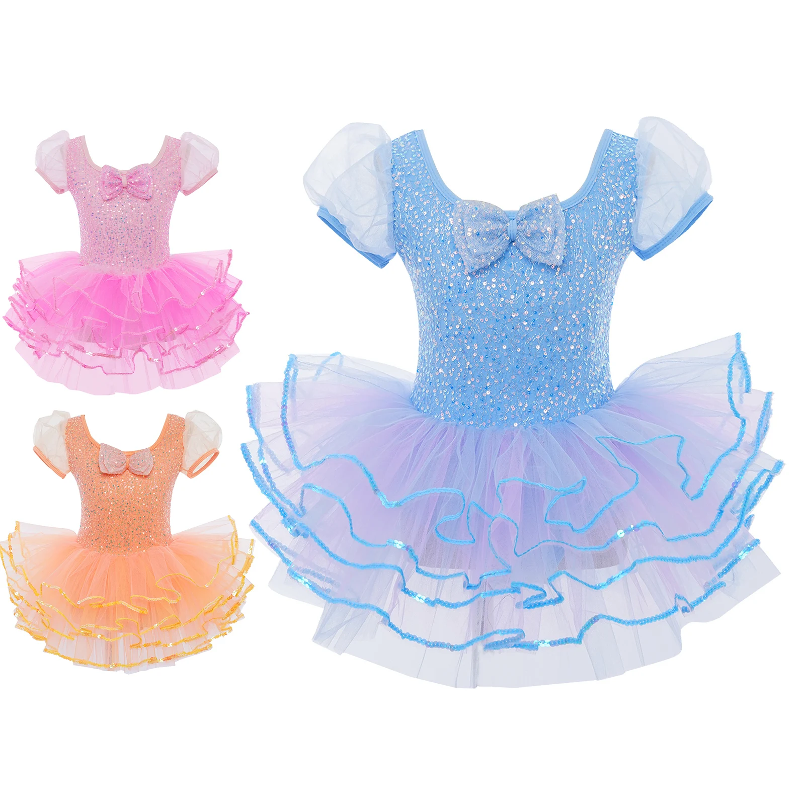 

Kids Girls Ballet Dance Tutu Puff Sleeves Sequins Bowknot Mesh Layered Dress Leotard Ballerina Gymnastics Performance Dancewear
