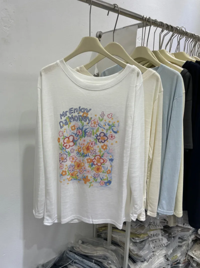 Summer Thin Long Sleeve Loose Women's T-shirt Floral Print Korean Style Commute Fashion Casual Boring Top Four Seasons Green