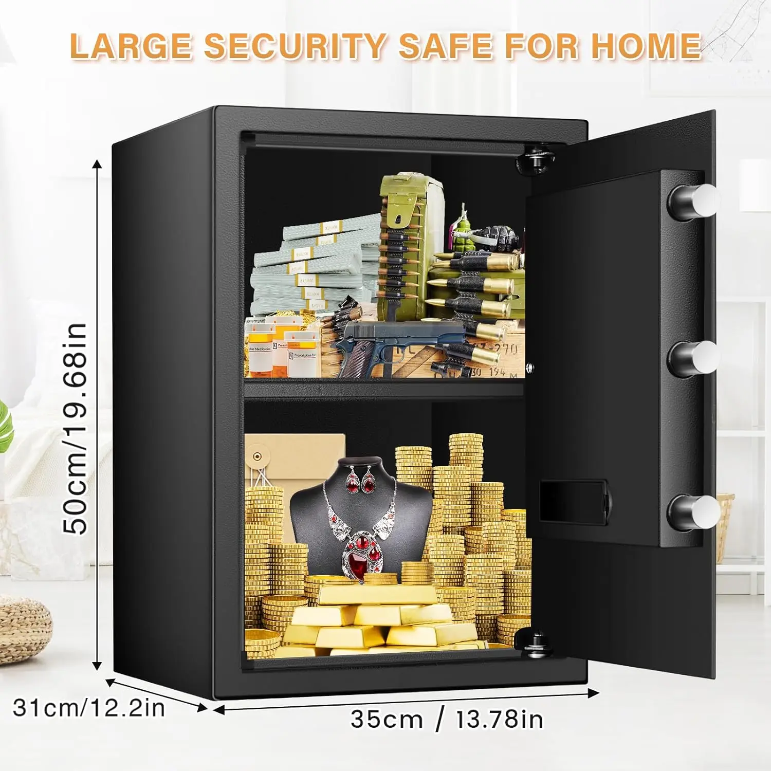 3.3 Cub Large Home Safe Fireproof Waterproof, Anti-theft Fireproof Safe Box with Programmable Keypad, Spare Keys and Removable S
