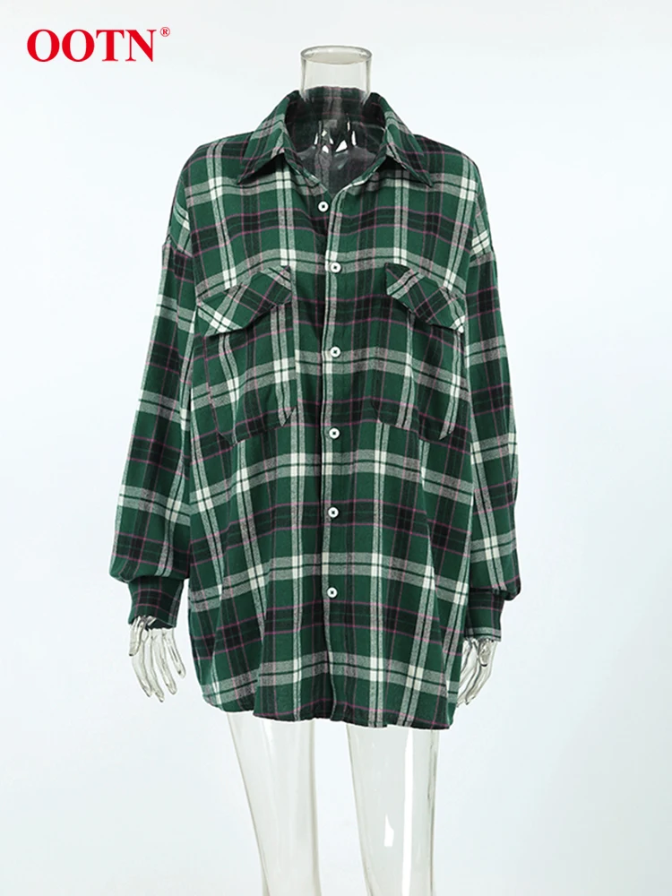 OOTN Elegant Plaid Green Shirts Blouses Women Fashion Long Sleeve Pockets Loose Shirts Coats Streetwear Long Sleeve Shirts 2024