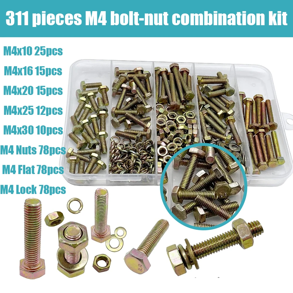 311-piece metric bolt set, M4x10-30 8.8 grade heavy-duty bolts and nuts kit, yellow galvanized coating