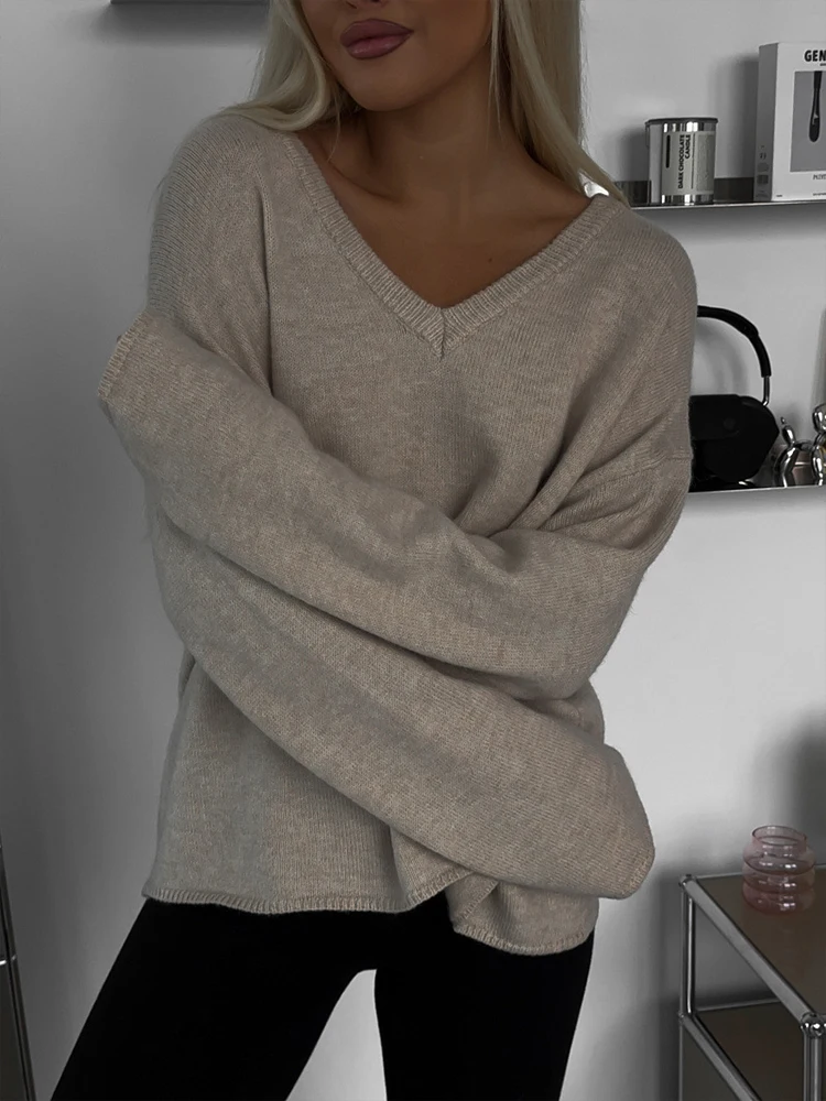 

V-neck Knit Sweaters For Women Chic Loose Long Sleeve Pullover Solid Tops Cozy Autumn Streetwears 2025 Lady Daily Commute Wear