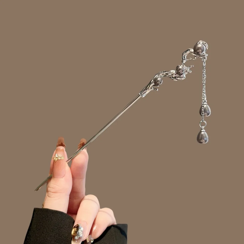 1pc elegante chinês hairpin prata tonificado artesanato com pérola fluindo como detalhes delicado borla abraço beleza atemporal