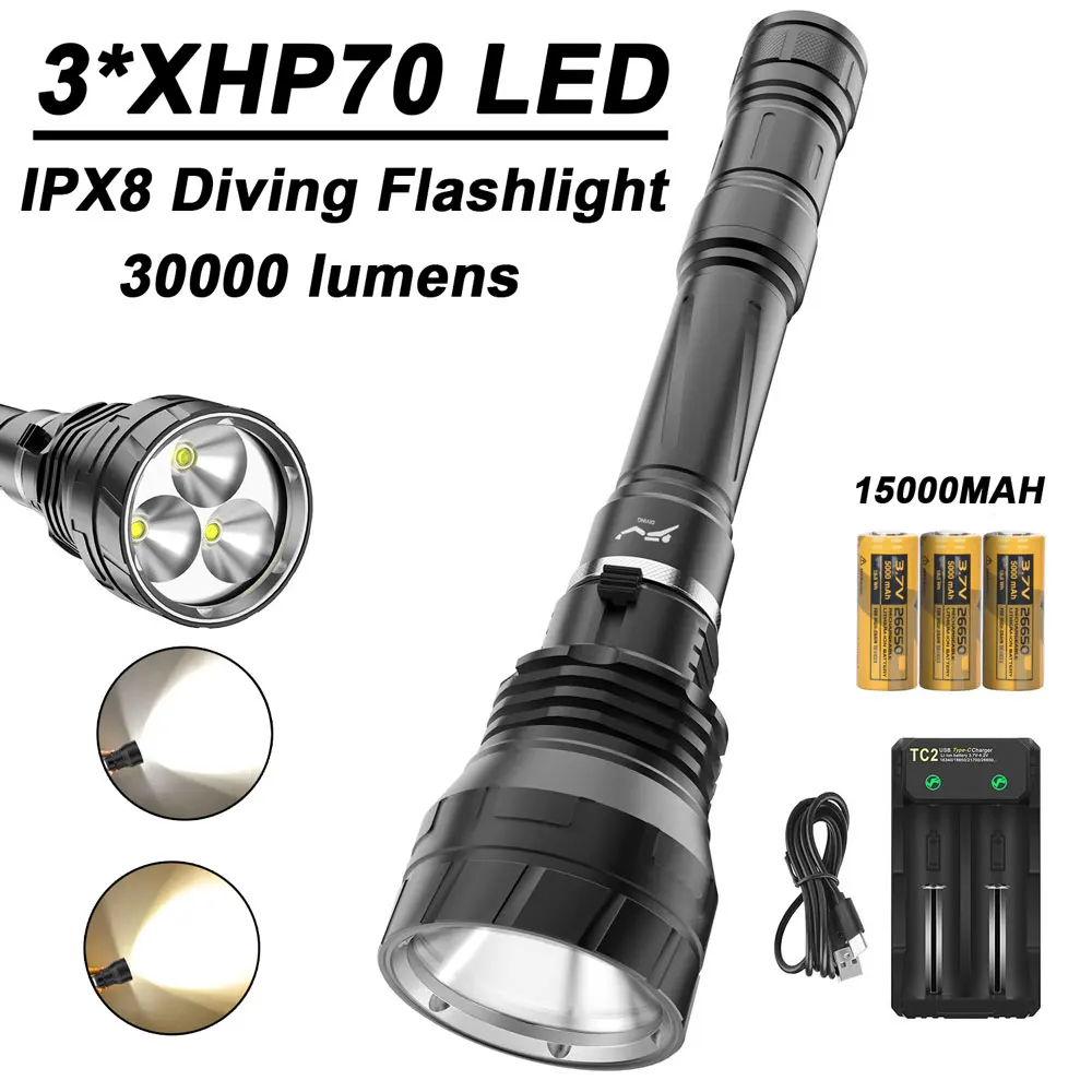 30000LM Powerful Diving Flashlight IPX8 Waterproof Scuba Diving Flashlight Professional 3*XHP70 Super Bright Underwater Lantern