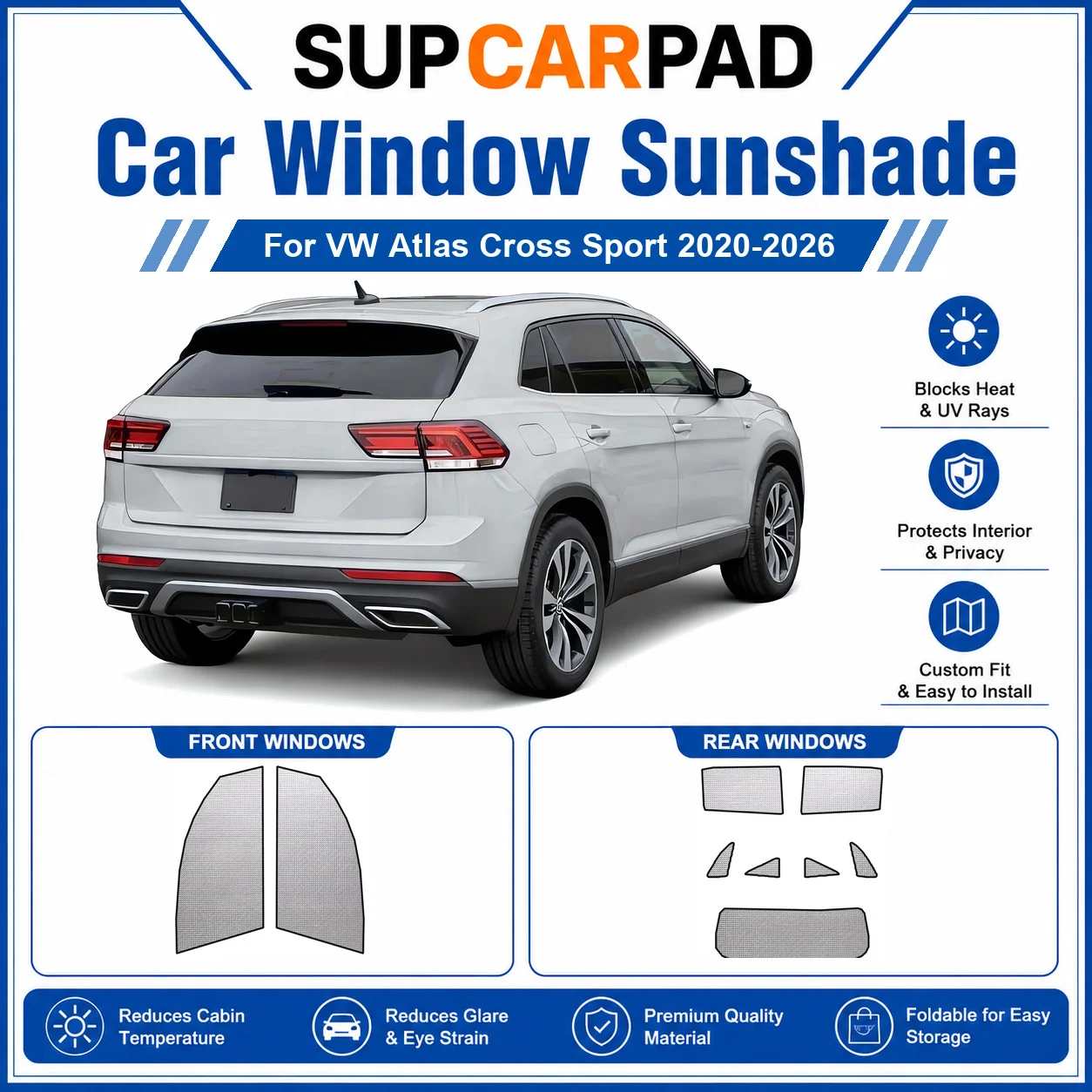 For VW - VW Atlas Cross Sport 2020-2026 Full Set Car Window Sunshades UV Block Privacy Heat Insulated Foldable Car Curtain