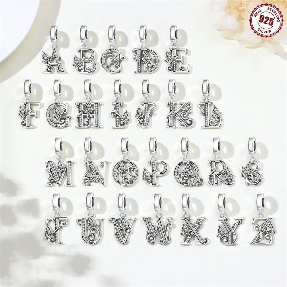 Compatible 925 Sterling Silver 26 English letter name charms Fit DIY Bracelet Necklace Gifts with names for friends