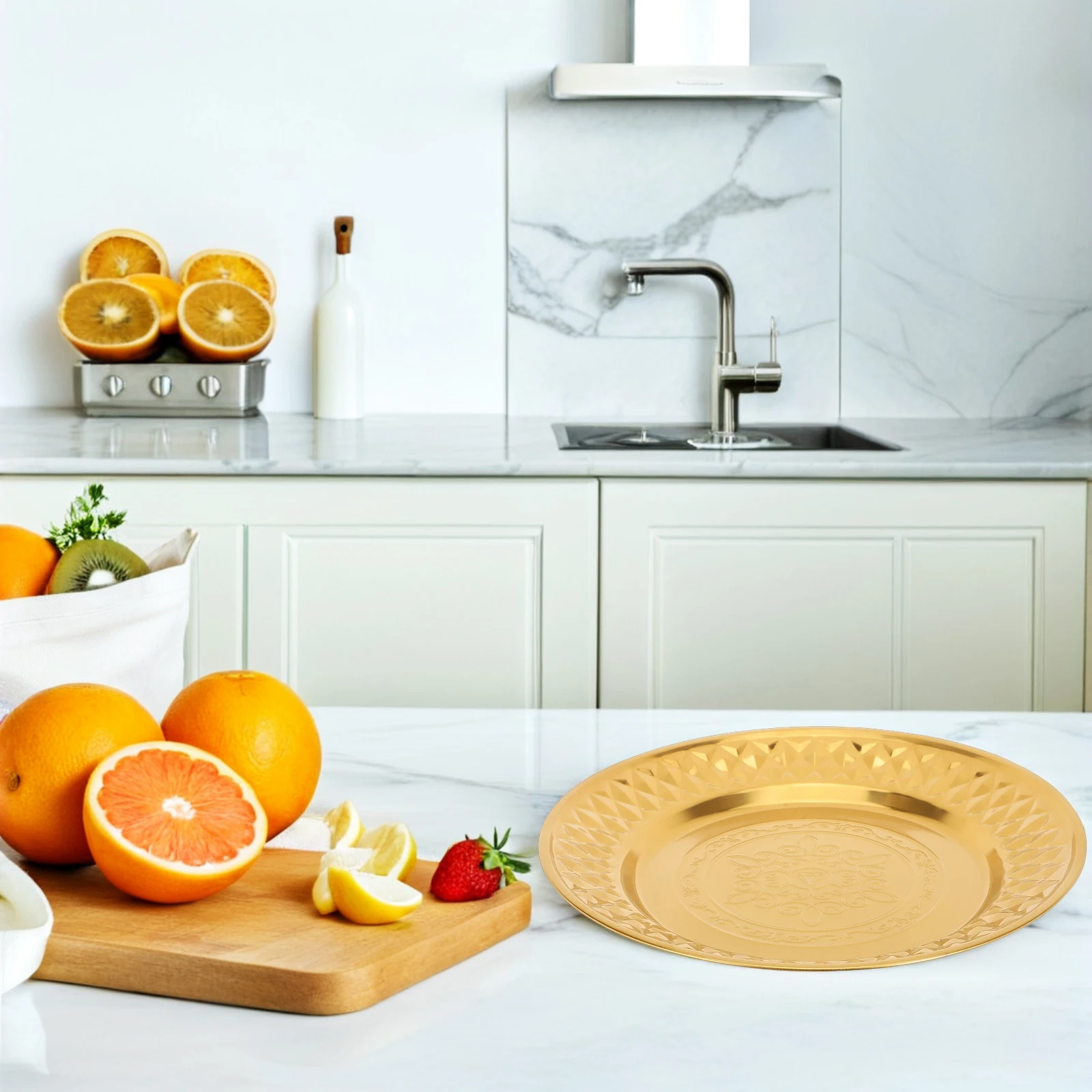 

4pcs Retro Fruit Plate Diamond Pattern Dinner Plates Decorative Serving Tray 24cm Gold Reusable Fruit Bread Trays