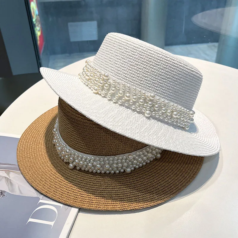 

2023 New Flat Top Straw Hat Pearl Decoration Leisure Summer Sunscreen Hat Women's Fashionable Beach Boater Hat Gifts