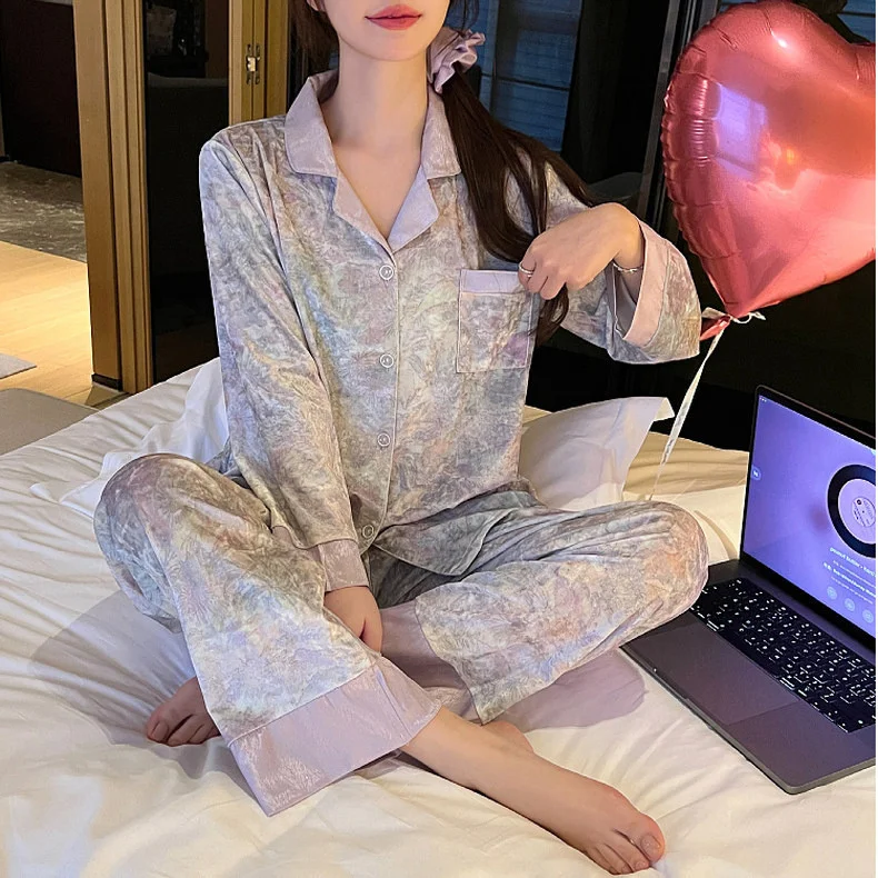 パジャマセット-ブルー-レディース-キャラクター-コットン風-幾何学模様-就寝時リラックス-ホームウェア-クラウドソフト-オフショルダー-長袖