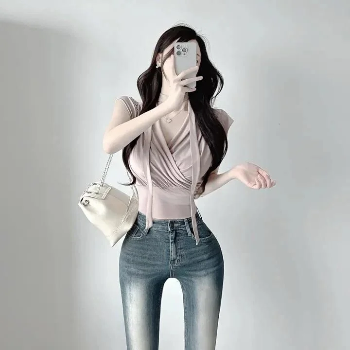 

Сексуальная женская футболка с v-образным вырезом Sal Pure Desire Ceiling Sensual Commute Sle Slim Fit ort Sve ort Length Color