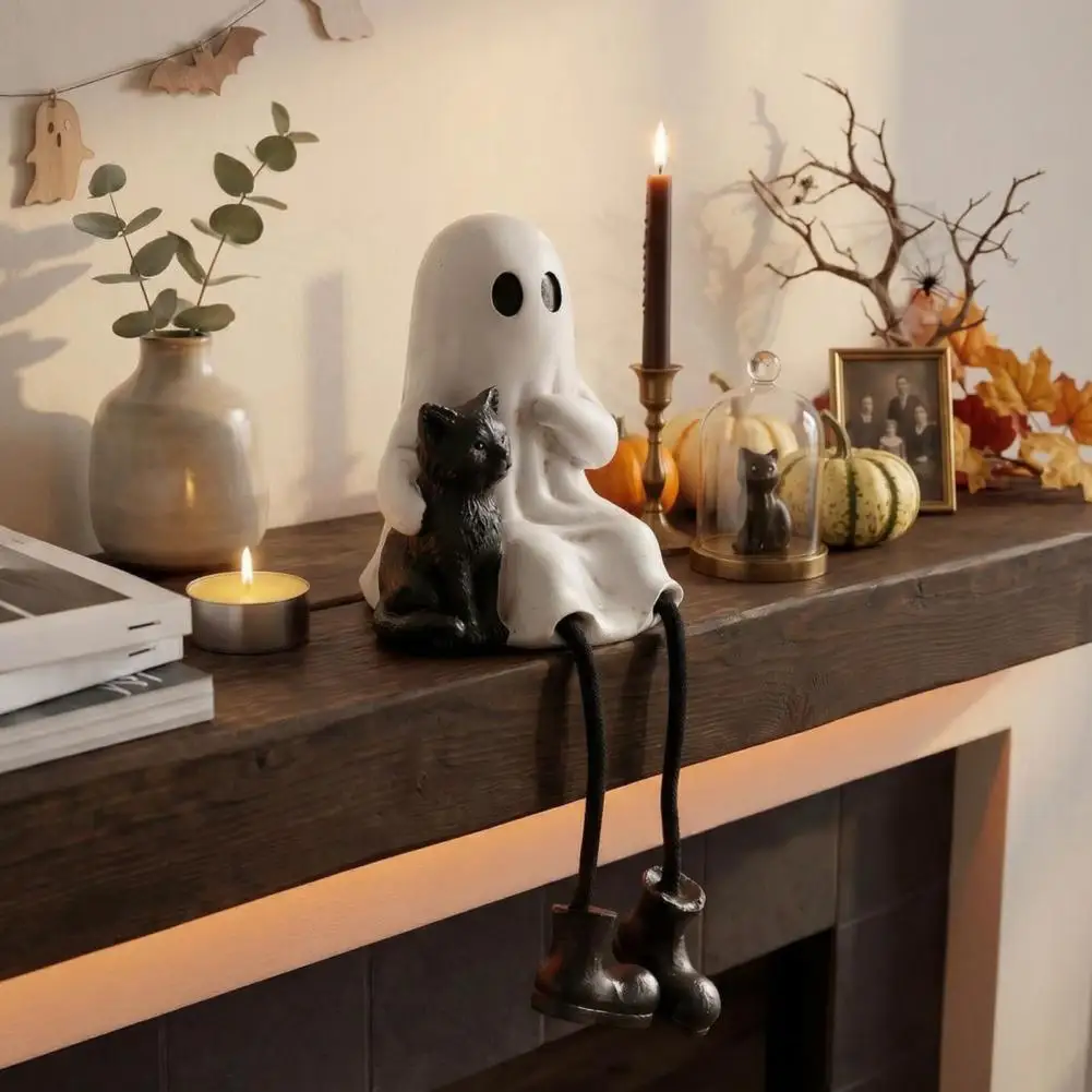 Retro Ghost Skeleton Ornaments Halloween Figurines Set Spooky Ghost Pumpkin Skeleton Ornaments Black for Mantel for Fireplace