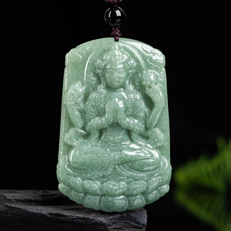 Natural Jade Bean Green Four Arms Guanyin Pendant Necklace Exquisite Jewelry Pendant for Fashion Women Men Accessories Gift