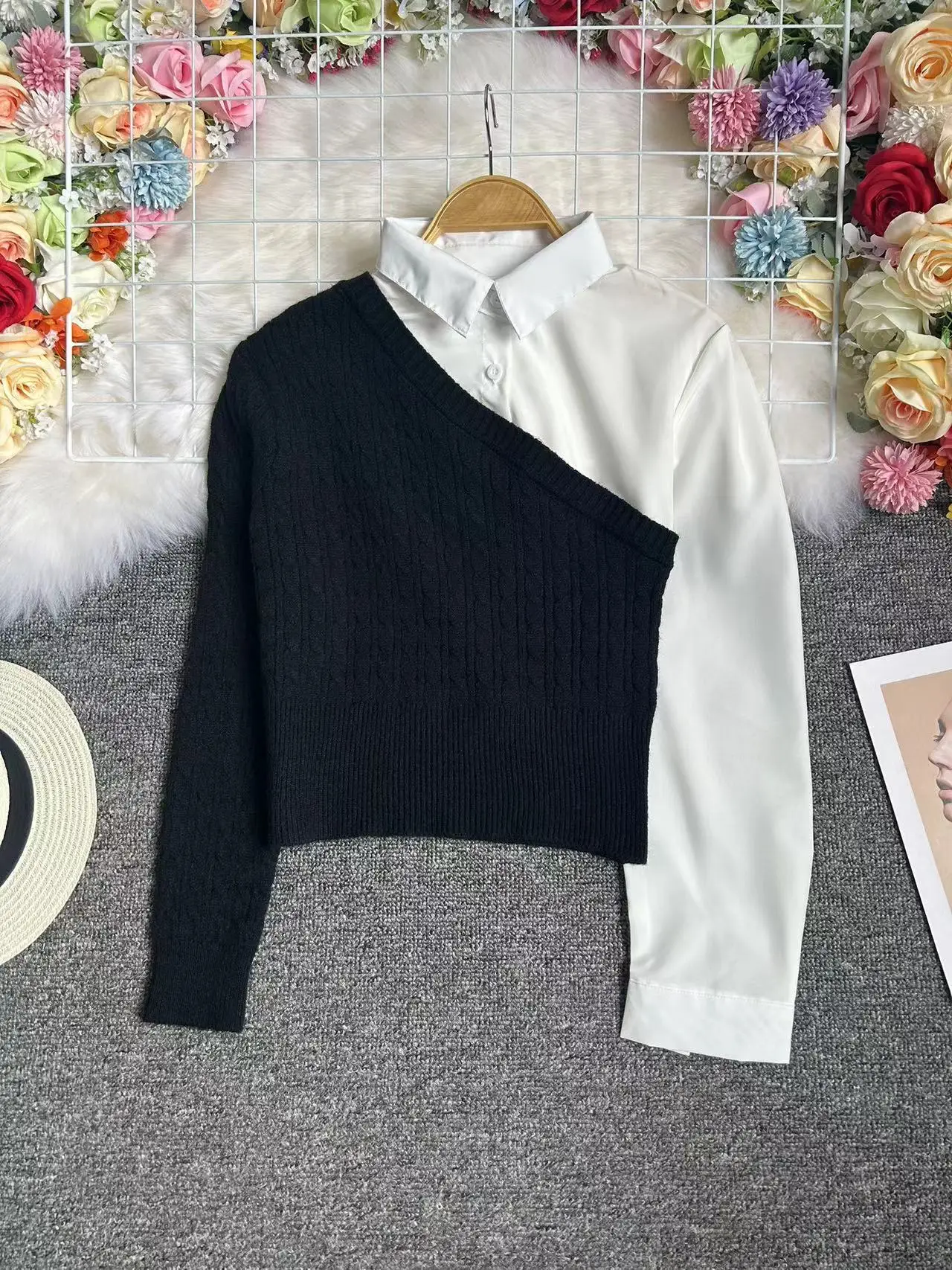 

Knitted Sweater Women's Pullover Long Sleeve Collar Regular Fit Fashion Design Autumn New Style Texture Patchwork