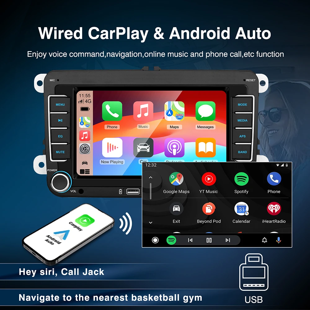 7 Inch Car Stereo MP5 Player Touch Creen BT AM/FM Radio Receiver With Android Auto Carplay For VW/Seat/Skoda/Passat/Golf/Polo