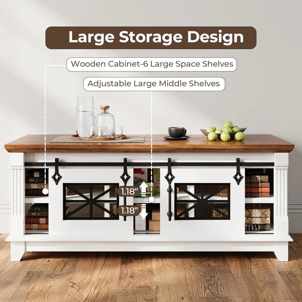 48'' Coffee Table with Sliding Barn Doors, Rustic Center Table with 6 Large Storage Space, Glass Doors and Adjustable Middle Sh