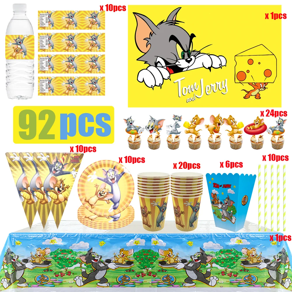 Décorations de fête d'anniversaire sur le thème de Tom et Jerry, gobelets jetables, assiettes, serviettes, bannières, ballons, nappes, fournitures pour baby shower