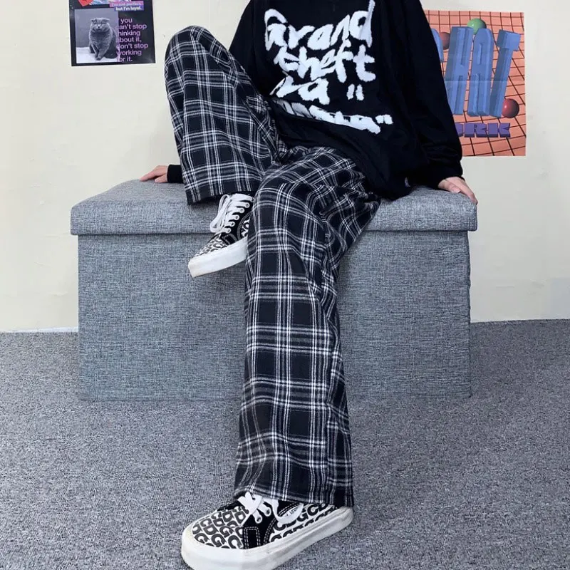 Harajuku Plaid Pants Women Oversize Wide Leg Trousers Female Korean Style High Waist Checkered Pajama 2022 Spring Summer